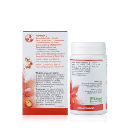 Armores Natura Integratori Alimentari, Vitamina C Naturale, Integratore a Base di Vitamina C da Acerola, Rosa Canina e Camu Camu, Aroma naturale Arancia, Vegano, 60 Compresse Masticabili