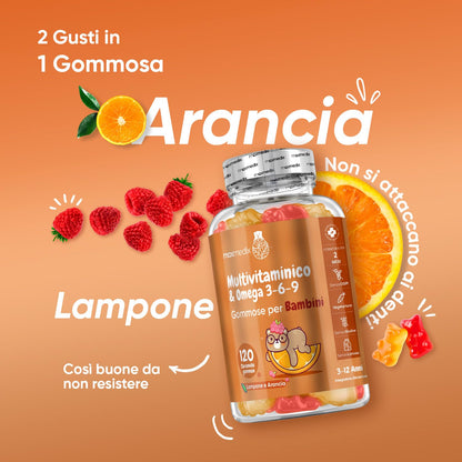 Multivitaminico Bambini Con Omega 3 6 9, 120 Caramelle Gommose (2 Mesi), Gusto di Lampone e Arancia, 12 Vitamine + Zinco e Inositolo, Vegetariano, Senza Gelatina, Orsetti Gommosi Senza Additivi Nocivi