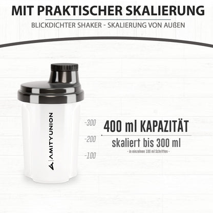 AMITYUNION Shaker per proteine 300 ml Heaven a prova di perdite, senza BPA con setaccio cliccabile e scala per frullati cremosi di siero di latte, shaker per proteine, originale in Fumo nero