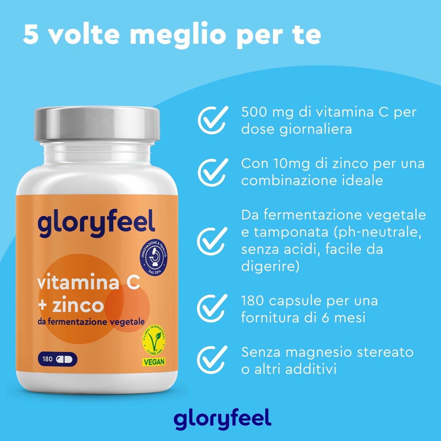 Vitamina C, 365 Capsule Vegan (Scorta 1 anno), con Zinco, Qualità Premium, Vitamina C 500mg + 10mg Zinco, Integratore Vitamina C Tamponata con Ascorbato di Calcio, per Difese Immunitarie, 100% vegan,