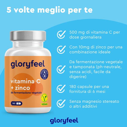 Vitamina C, 365 Capsule Vegan (Scorta 1 anno), con Zinco, Qualità Premium, Vitamina C 500mg + 10mg Zinco, Integratore Vitamina C Tamponata con Ascorbato di Calcio, per Difese Immunitarie, 100% vegan,