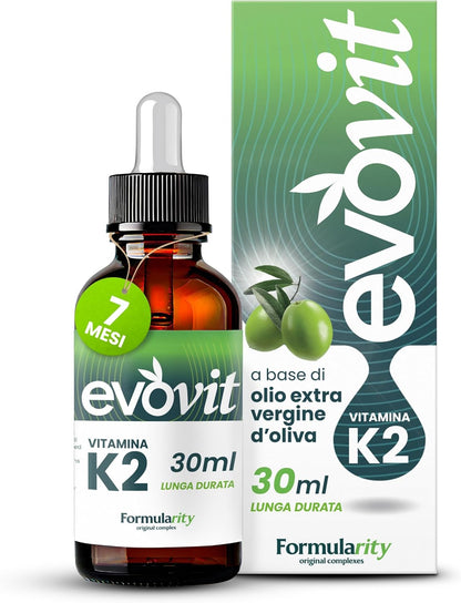 EVOVIT VITAMINA K2-7 Mesi di Durata - In Olio Extravergine d'Oliva Italiano Spermuto a Freddo, Integratore Naturale ad Alta Biodisponibilità - Senza Zuccheri, Glutine, Lattosio | Made in italy 30ml