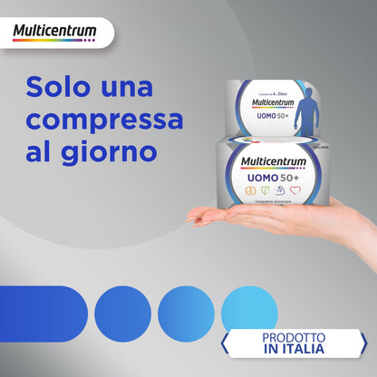 Multicentrum Uomo 50+ Integratore Alimentare Multivitaminico Completo, con Vitamina D3, Supporto Contro la Stanchezza per Uomini oltre 50 anni, 100 Compresse