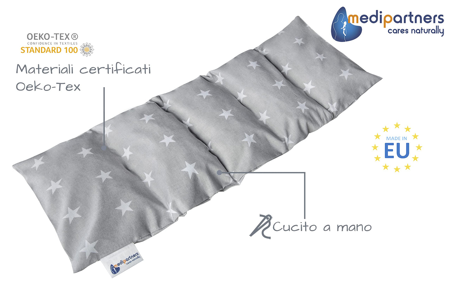 Medi Partners Cuscino Termico noccioli ciliegio 60x20cm 800g 100% Cotone 5 Camere Grande Terapia del freddo Federa sfoderabile (Stelle)