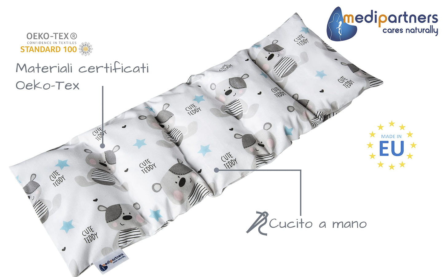 Medi Partners Cuscino Termico noccioli ciliegio 60x20cm 800g 100% Cotone 5 Camere Grande Terapia del freddo Federa sfoderabile (Stelle)