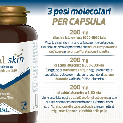 Aisalskin Acido Ialuronico puro - 3 Pesi Molecolari, 120 Capsule - azione anti aging, idratante e rimpolpante per una Pelle Sana - Fornitura per 4 Mesi