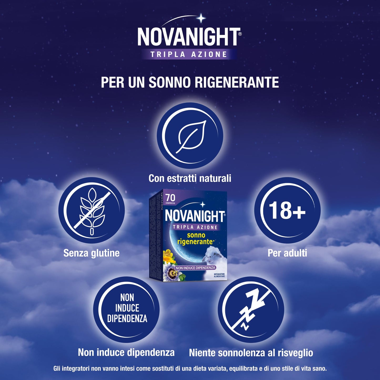 Novanight Tripla Azione Melatonina per Dormire, Integratori per Dormire, Disturbi del Sonno - Senza Glutine, con Melatonina, Escolzia, Passiflora, Melissa. Non Induce Dipendenza (70 Compresse)