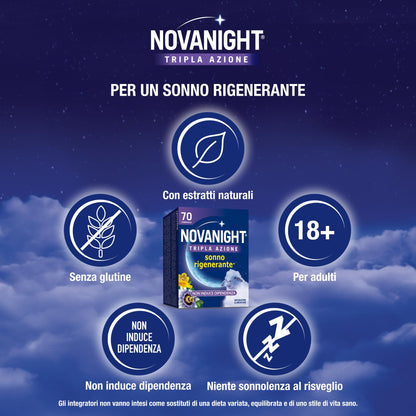 Novanight Tripla Azione Melatonina per Dormire, Integratori per Dormire, Disturbi del Sonno - Senza Glutine, con Melatonina, Escolzia, Passiflora, Melissa. Non Induce Dipendenza (70 Compresse)