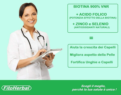 FitoHerbal Biotina + Zinco + Selenio 120 Compresse Integratore Tripla Azione Per Crescita Capelli, Migliora Aspetto Cutaneo Viso, Ridona Forza Resistenza alle Unghie. Qualità Made in Italy