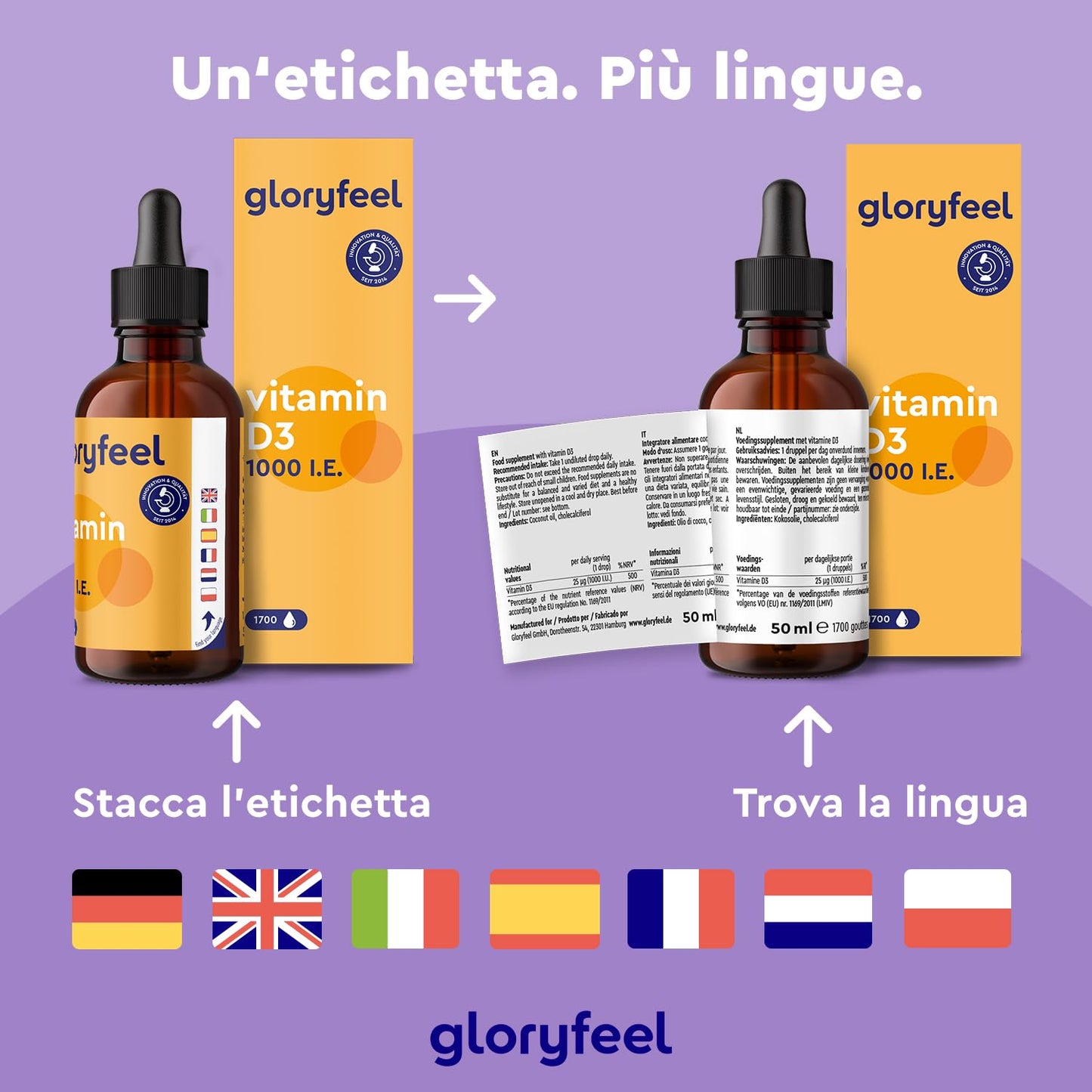 Vitamina D3 1000 UI per Goccia, 50ml (1700 Gocce), Qualità Premium, Supporta Ossa, Denti e Sistema Immunitario, Vitamina D Liquida Colecalciferolo, in Olio MCD da Noce di Cocco ad Alta Stabilità