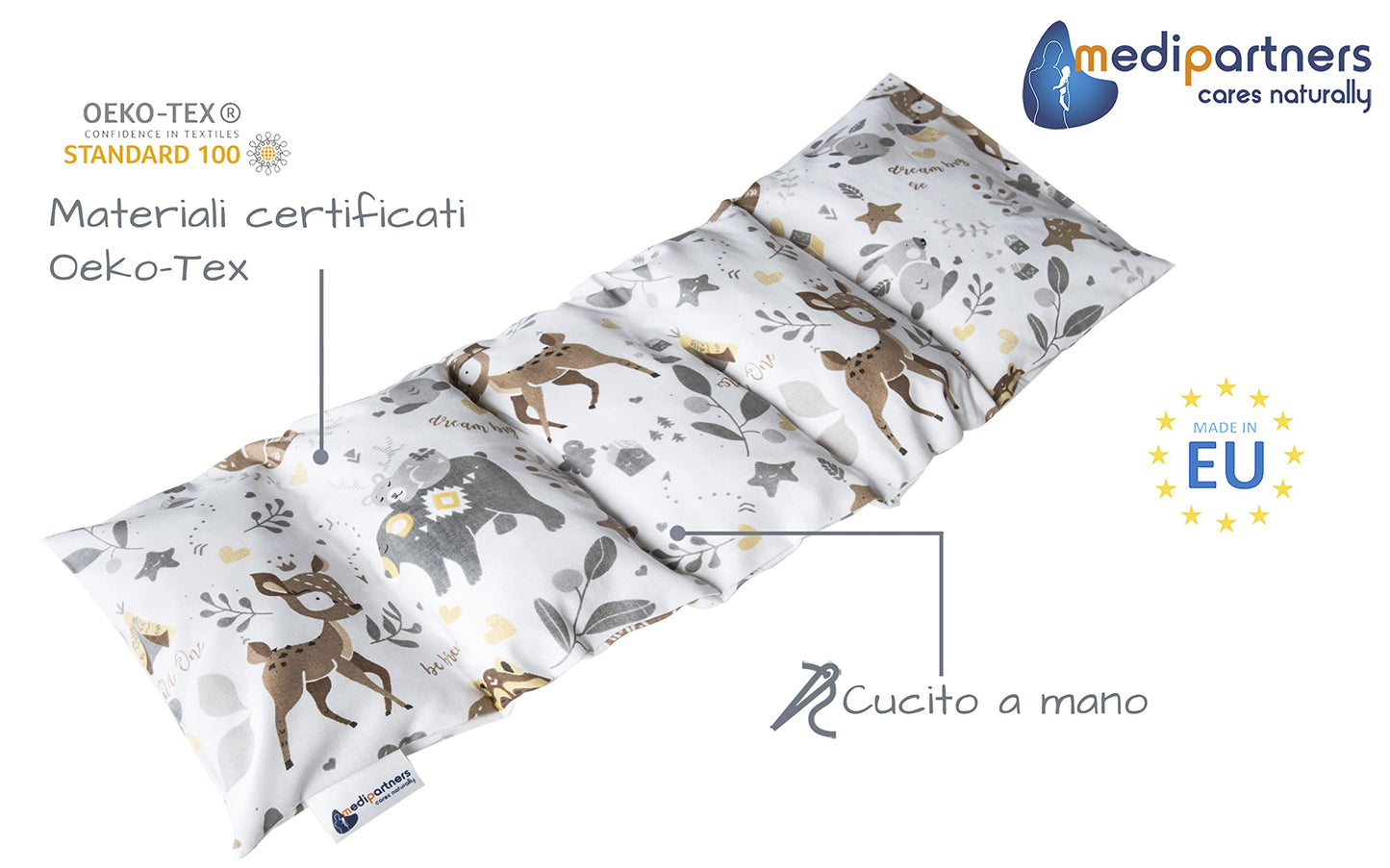 Medi Partners Cuscino Termico noccioli ciliegio 60x20cm 800g 100% Cotone 5 Camere Grande Terapia del freddo Federa sfoderabile (Stelle)