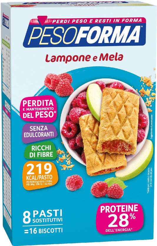 Pesoforma Biscotti Lampone e Mela, Pasto sostitutivo proteico, Per rimettersi in forma con gusto, Solo 219 calorie, Nuovo formato, 16 biscotti, 8 pasti sostitutivi