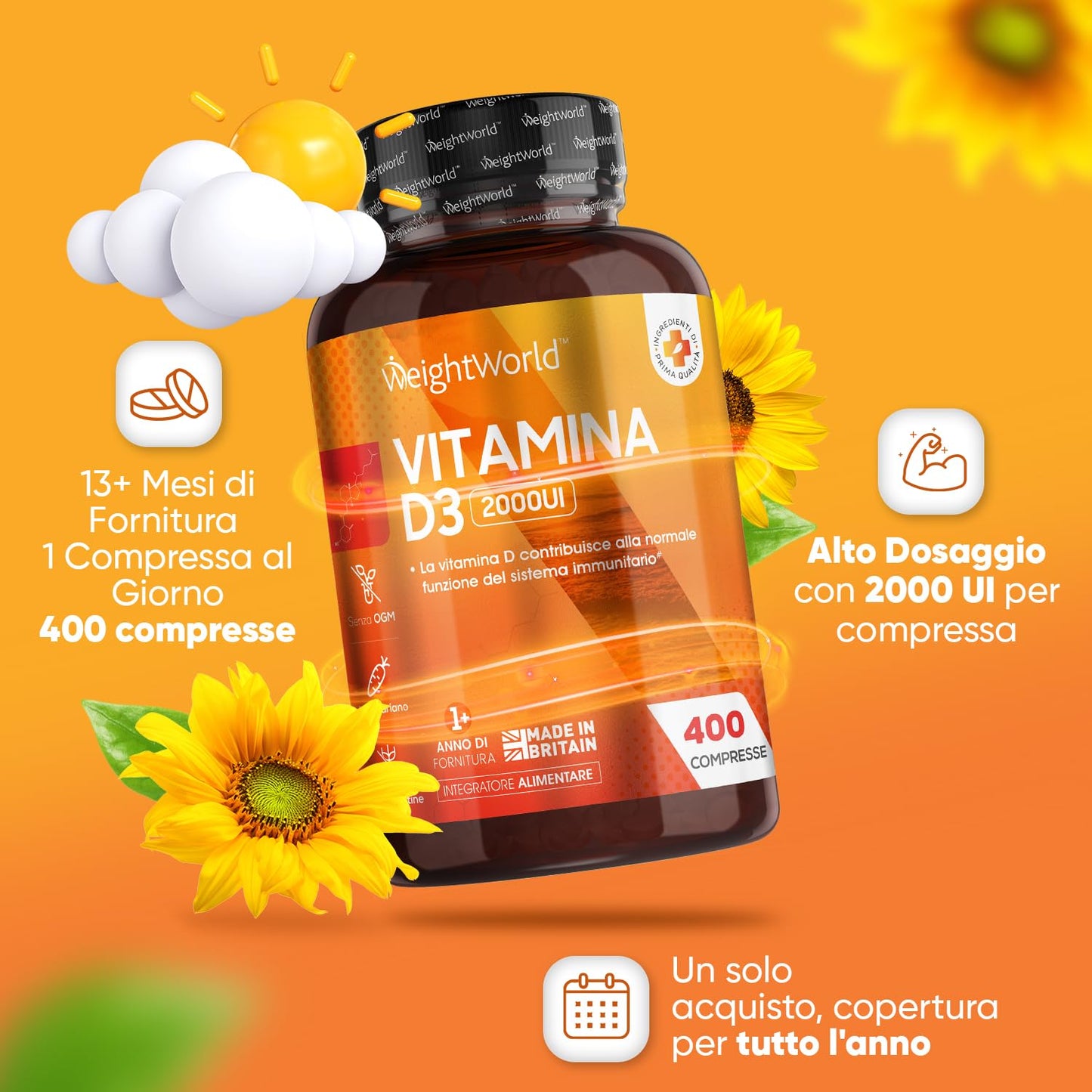 Vitamina D 2000UI (50mcg) per 1 Compressa, 13+ Mesi di Vitamina D3, 400 Compresse di Vitamina D 2000 UI (Colecalciferolo), Ossa, Denti, Muscoli, Sistema Immunitario, Integratore Vitamina D (Vit D)