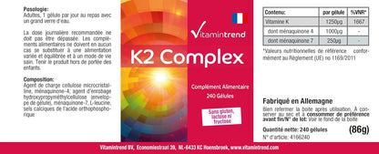 Vitamina k2 mk7 Complex 1250mcg - 240 Capsule - Vegan - Altamente dosato - MK-4 e MK-7 | Vitamintrend®