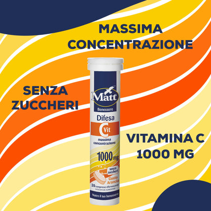 Matt, Vitamina C Difesa, Integratore Alimentare Utile per la Riduzione di Stanchezza, Contribuisce alla Normale Funzione del Sistema Immunitario, Confezione da 20 Compresse, Gusto Arancia, 90 g