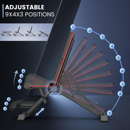 PASYOU Panca pieghevole da allenamento con 9 x 4 x 3 posizioni regolabili, multi-panca inclinata come addominale e schiena per casa, carico massimo 318 kg