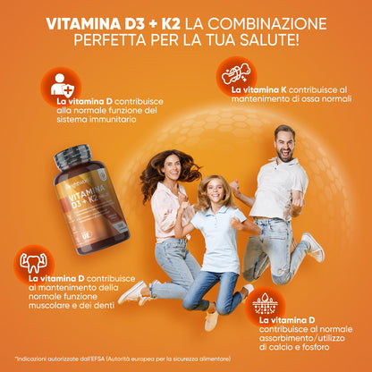 Vitamina D3 K2, Vitamina D 2000 UI + 200μg Vitamina K2 MK7, 365 Compresse Senza Magnesio Stearato, Vitamina D3 + Vitamina K2 100% All-Trans Biodisponibile, Sistema Immunitario, Ossa, Denti, Muscoli