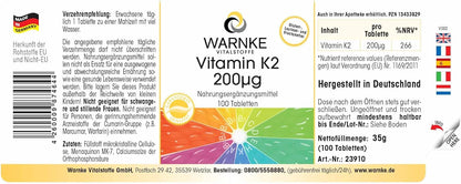 Vitamina k2 mk7 200 mcg - 100 compresse - Menachinone naturale MK-7 - vegan | Warnke Vitalstoffe - Qualità da farmacia tedesca