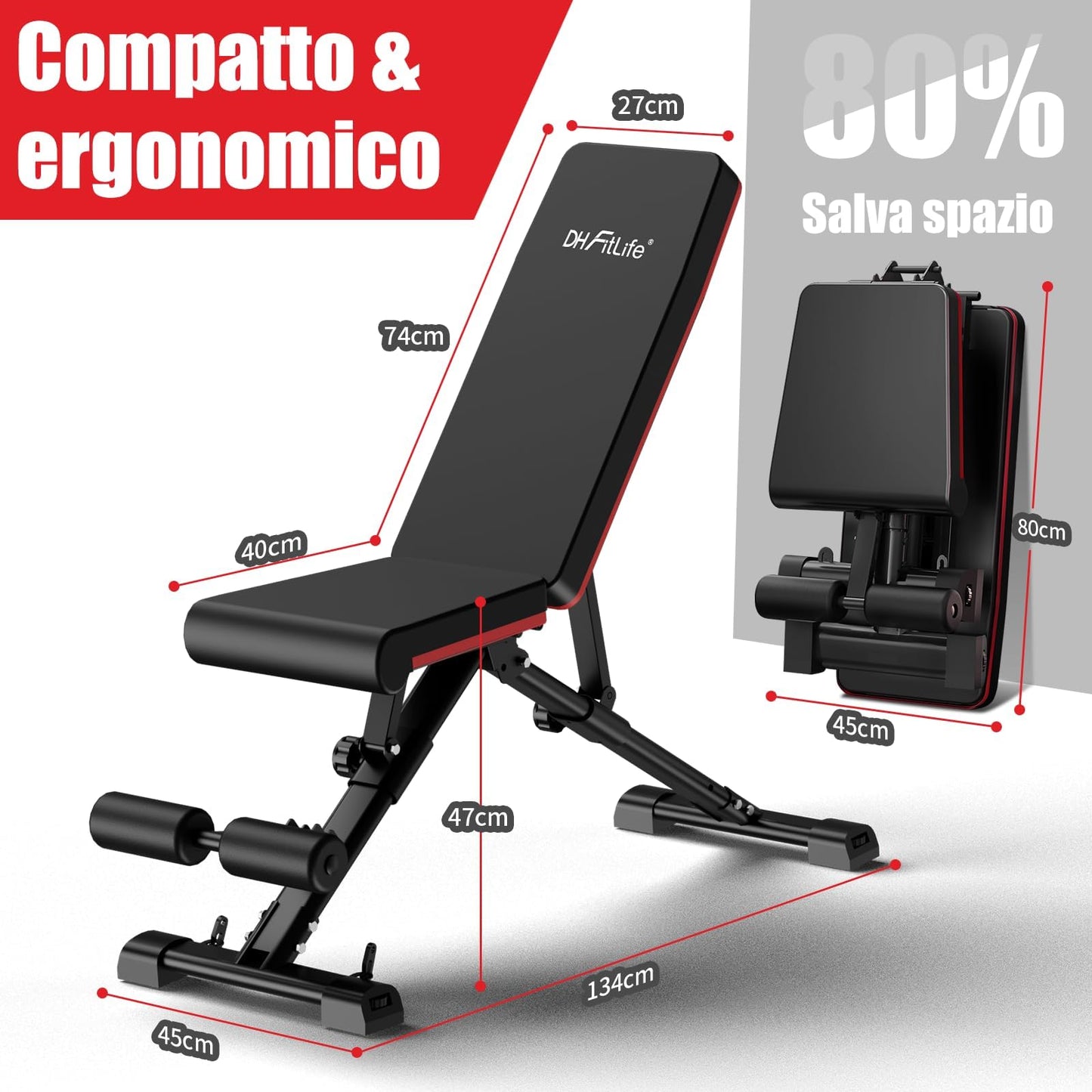 DH FitLife Panca Pesi pieghevole regolabile, panca inclinabile e panca piana, allenamento lombare e addominali, Panca da allenamento multifunzionale per fitness e allenamento della forza