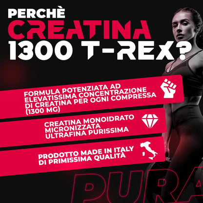 T-Rex Integratori Creatina Micronizzata Monoidrata 100 compresse da 1300mg - Integratore alimentare per massa muscolare e boost energetico pre workout