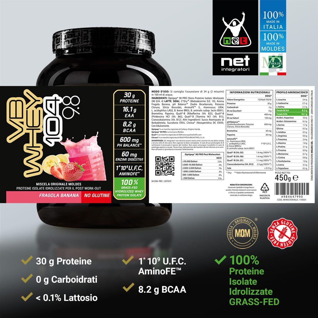 NET Integratori VB WHEY 104 9.8 Optipep - 450g Cioccolato - Proteine Isolate Idrolizzate per via Enzimatica Con EAA e BCAA - Massimizza Sintesi Proteica, Crescita e Mantenimento Muscolare