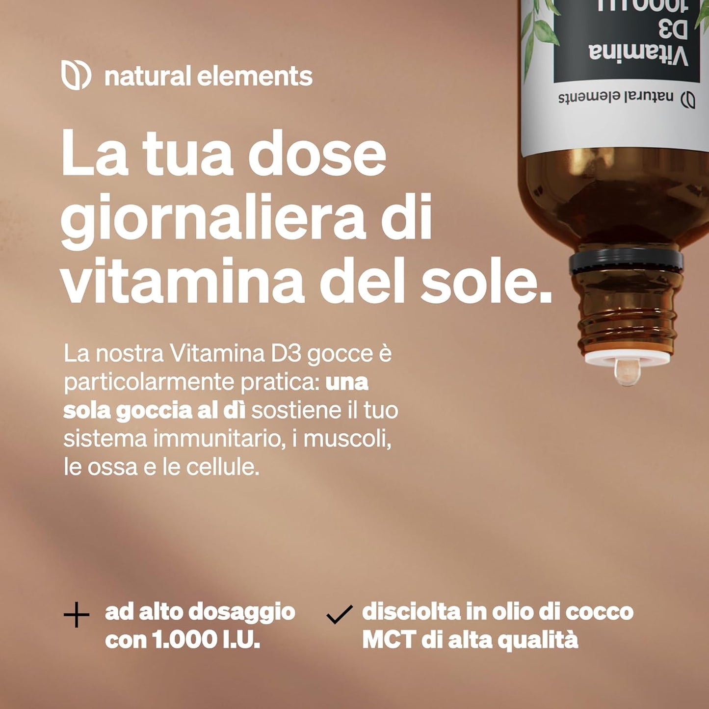 Vitamina D3 – 1000 I.U. per goccia – 50 ml (1750 gocce) – natural elements – In olio MCT di cocco – Integratore Vitamin D – Alto dosaggio, liquida