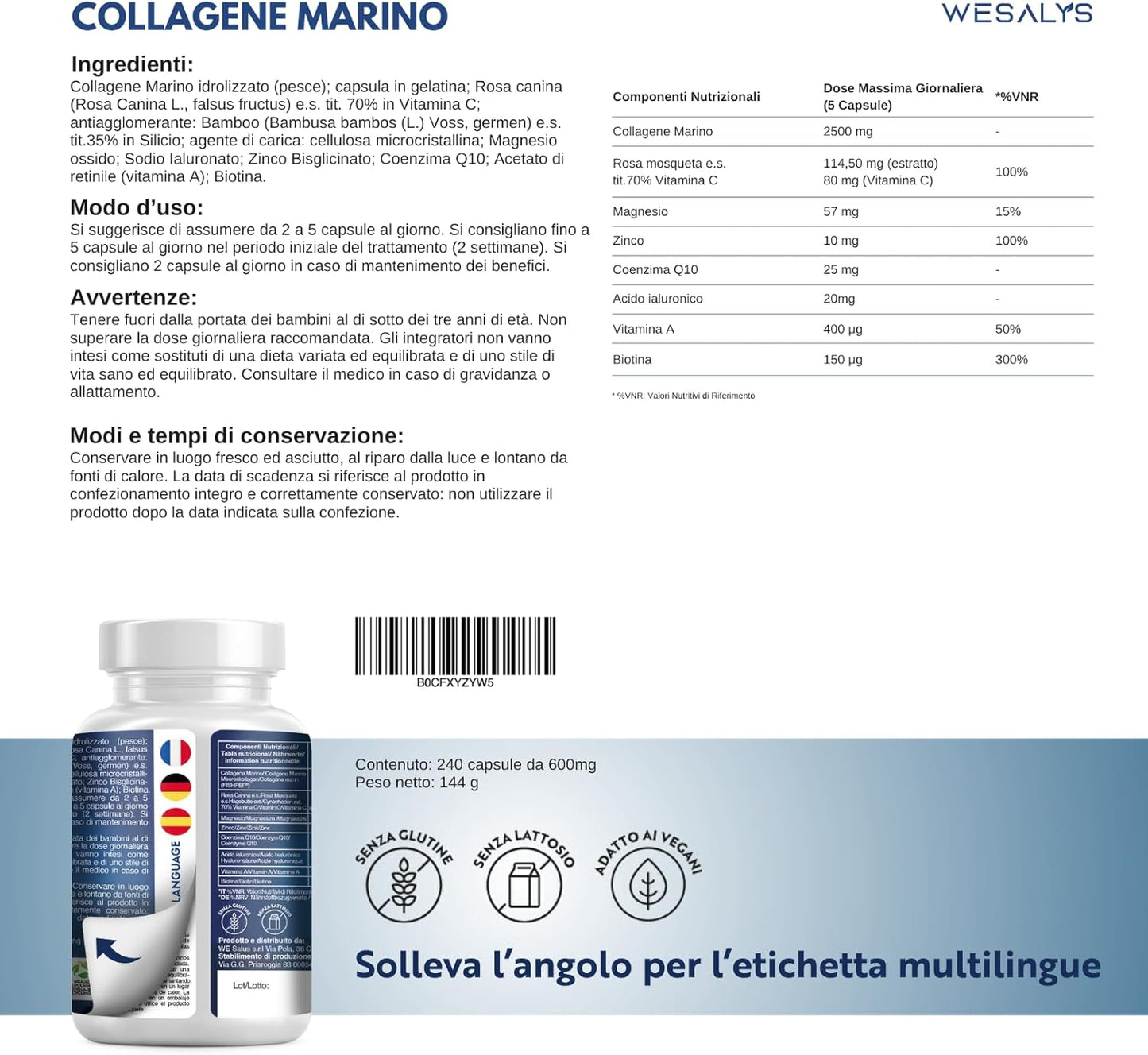 COLLAGENE MARINO con Acido ialuronico - 240 Capsule - 2500mg di Collagene idrolizzato, Integratore con Biotina, Vitamina C, Coenzima Q10 per Pelle, Capelli e Articolazioni