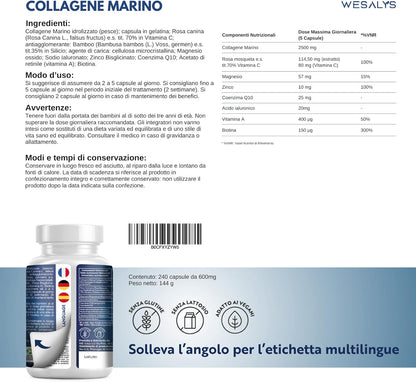 COLLAGENE MARINO con Acido ialuronico - 240 Capsule - 2500mg di Collagene idrolizzato, Integratore con Biotina, Vitamina C, Coenzima Q10 per Pelle, Capelli e Articolazioni