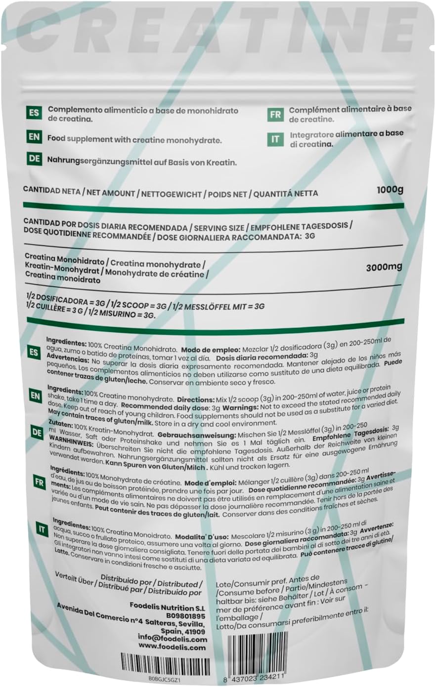 Creatina Monoidrata Micronizzata in polvere 100% - 1 kg / 1000g - Insapore - Aumento delle prestazioni fisiche e della forza muscolare - Incluye dosatore - Altamente solubile - FOODELIS®