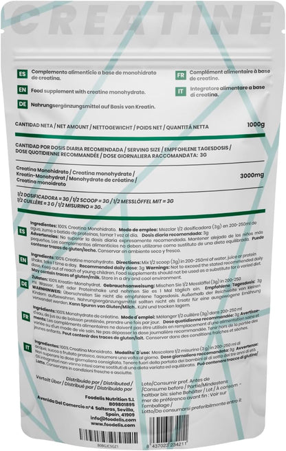 Creatina Monoidrata Micronizzata in polvere 100% - 1 kg / 1000g - Insapore - Aumento delle prestazioni fisiche e della forza muscolare - Incluye dosatore - Altamente solubile - FOODELIS®