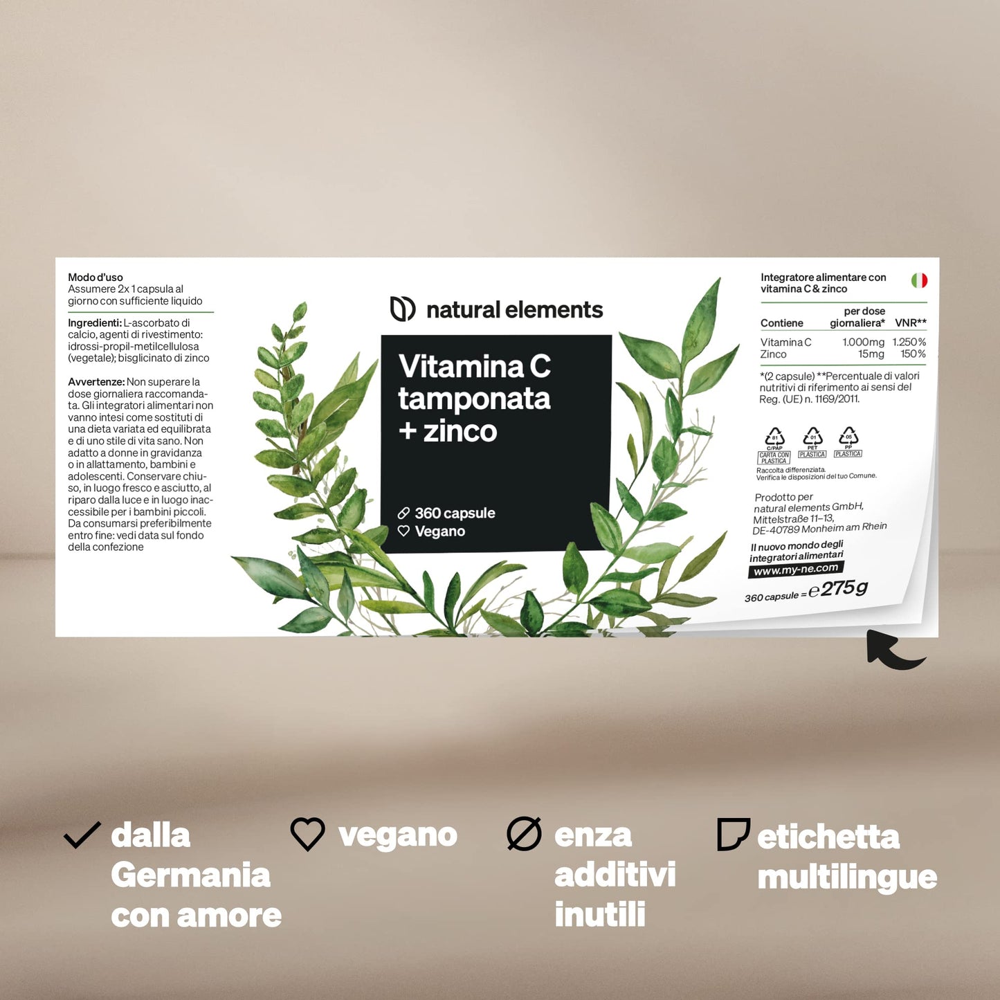 Vitamina C - 360 capsule - Elevato dosaggio con 1000 mg + 15 mg di zinco - Fermentato e tamponato a base vegetale (pH neutro, privo di acidi, delicato sullo stomaco) - Testato in laboratorio, vegano