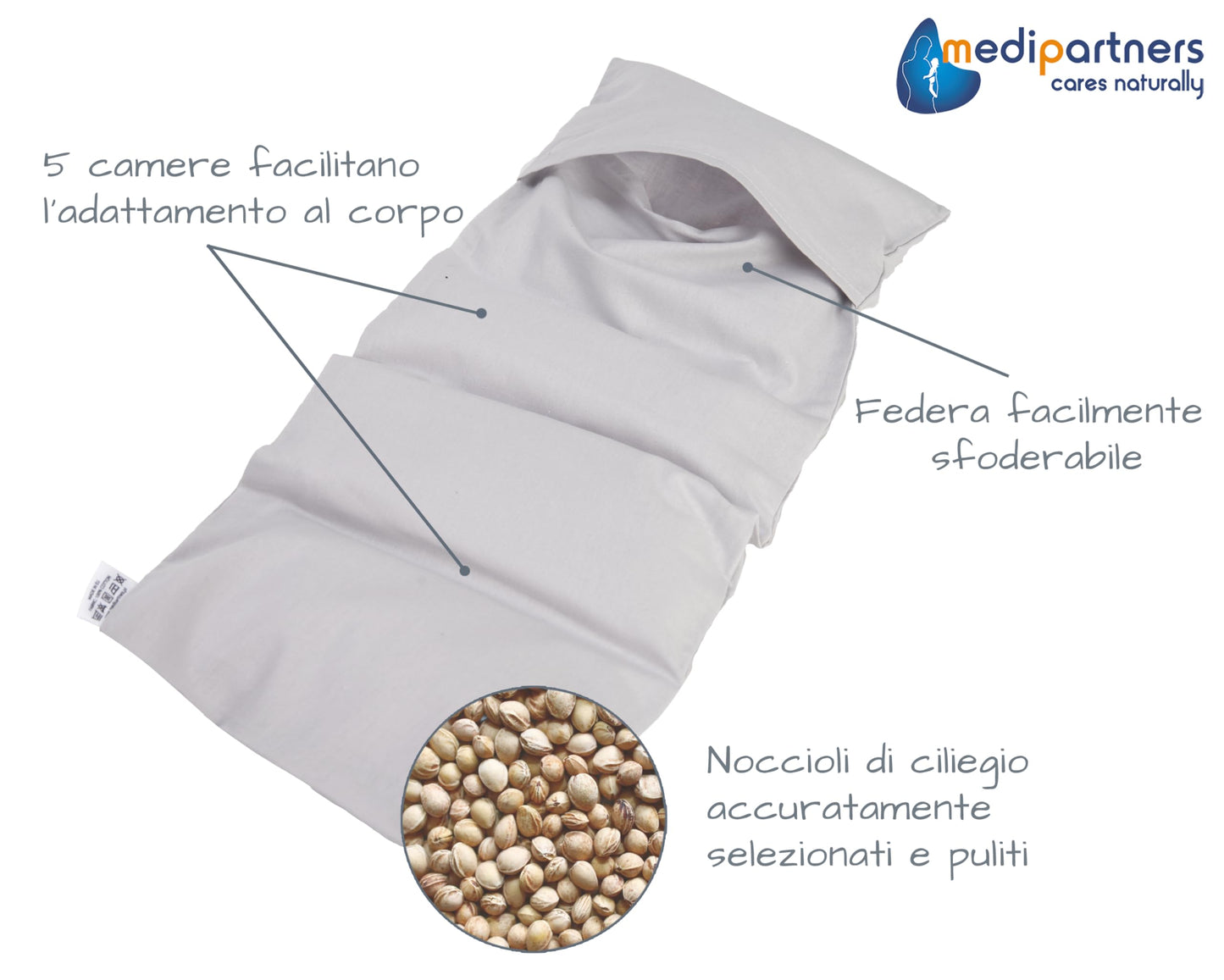 Medi Partners Cuscino Termico noccioli ciliegio 60x20cm 800g 100% Cotone 5 Camere Grande Terapia del freddo Federa sfoderabile (Stelle)