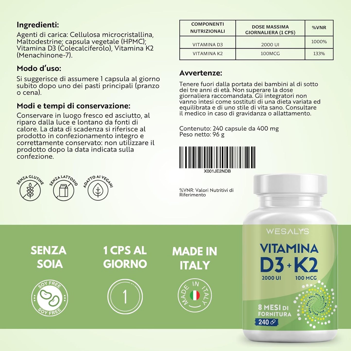 Vitamina D3 K2 240 Capsule (8 Mesi), Vitamin D3 2000 UI + 100 µg Vitamina K, Supporta Ossa, Articolazioni e Sistema Immunitario, Vit D3 Menachinone