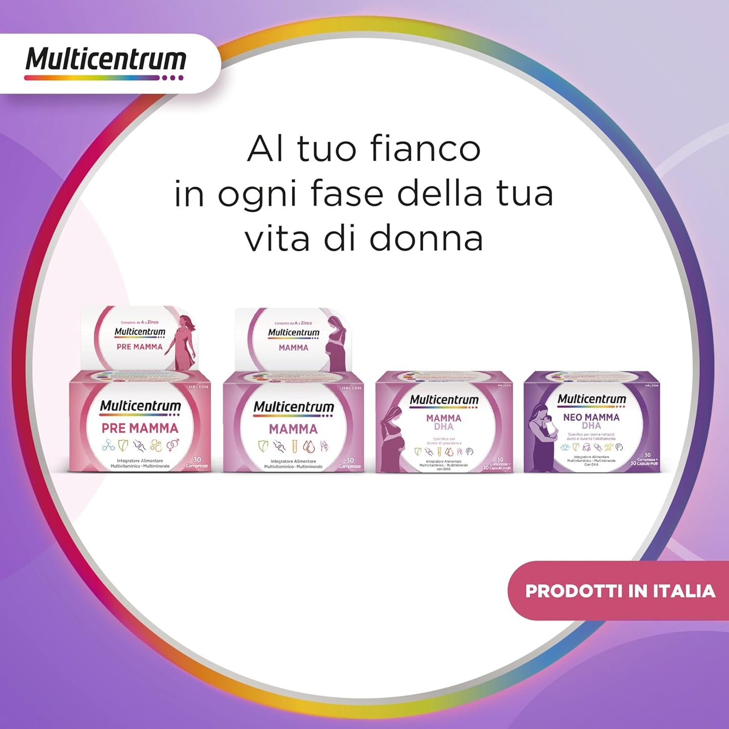 Multicentrum Neo Mamma DHA, Integratore Multivitaminico specifico per la donna dopo la gravidanza e durante l'allattamento, ricco di Acido Folico, Vitamina d, b12 e biotina, 30cpr +30 capsule molli