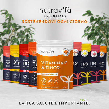 Vitamina C Pura Alto Dossagio 1000mg + Zinco 15mg – 120 Compresse Vegane - Integratori Vitamina C Zinco ad Alta Resistenza - Sostiene il Sistema Immunitario, Pelle, Ossa, Unghie, Capelli – Nutravita