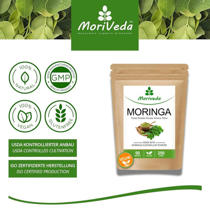 Moringa in polvere 250g - Vegan e senza glutine - La polvere di foglie di oleifera contiene vitamine, proteine, aminoacidi, micronutrienti con la massima biodisponibilità - da MoriVeda - 1 x 250g