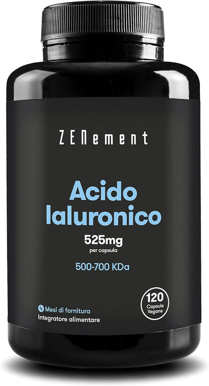 Acido Ialuronico Integratore, Puro 525mg ad Alto Dosaggio, 120 Capsule di Acido Ialuronico Puro (4 Mesi) con 500-700 kDa, Hyaluronic Acid con Sodio Ialuronato, Alternativa a Acido Ialuronico Compresse