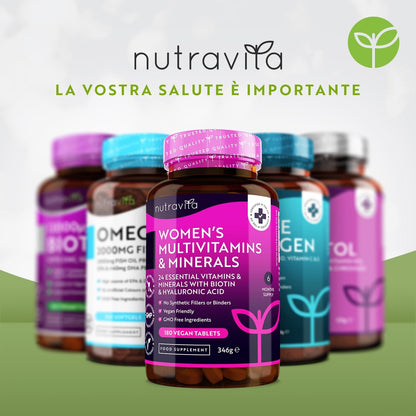 Multivitaminico e Multiminerale Donna - 24 vitamine e minerali attivi essenziali tra cui biotina e acido ialuronico - 180 compresse vegane - Senza riempitivi o leganti sintetici - Nutravita