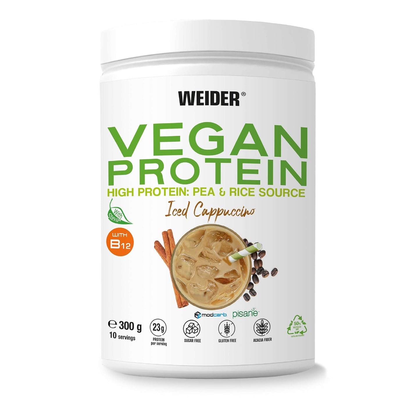 Weider Vegan Protein (750g) Gusto Cappuccino. Proteine Vegane 23g/dose isolate di piselli e riso, Con Vitamina B12 e Stevia, Senza Glutine, Senza Zucchero, Contenitore 50% Riciclato, 100% Riciclabile