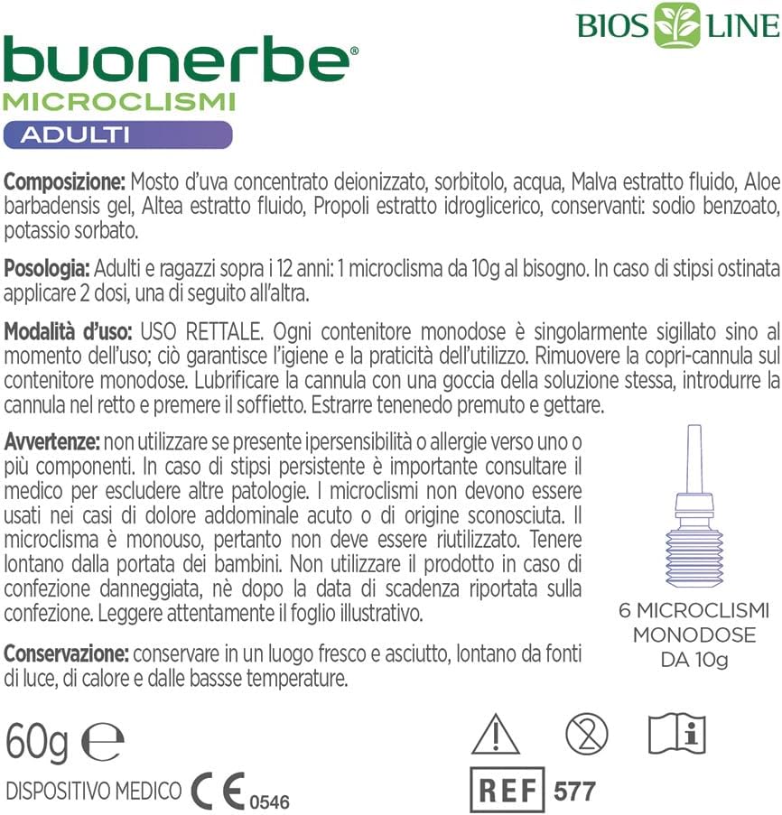 BIOS LINE Buonerbe Microclismi, Dispositivo Medico CE Ideale per Favorire l'Evacuazione Senza Irritare, 6 Microclismi da 10g (Adulto)