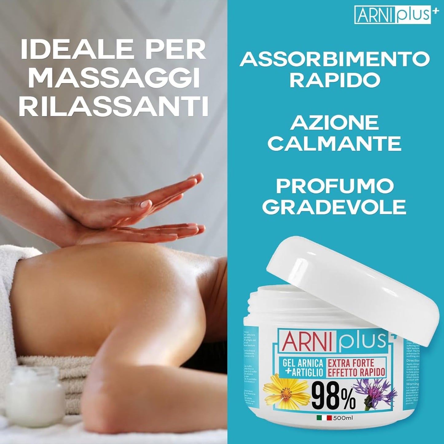 ARNIplus+ Arnica per cavalli uso umano, Gel extra forte 98%, assorbimento rapido, non unge, Arnica montana + Artiglio del diavolo, 500ML, made in italy