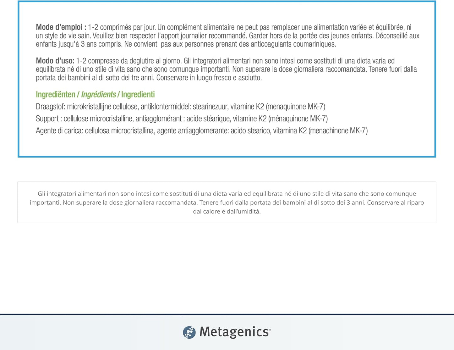 Metagenics Vitamina K2 - Contribuisce alla Normale Salute delle Ossa - 56 CPR