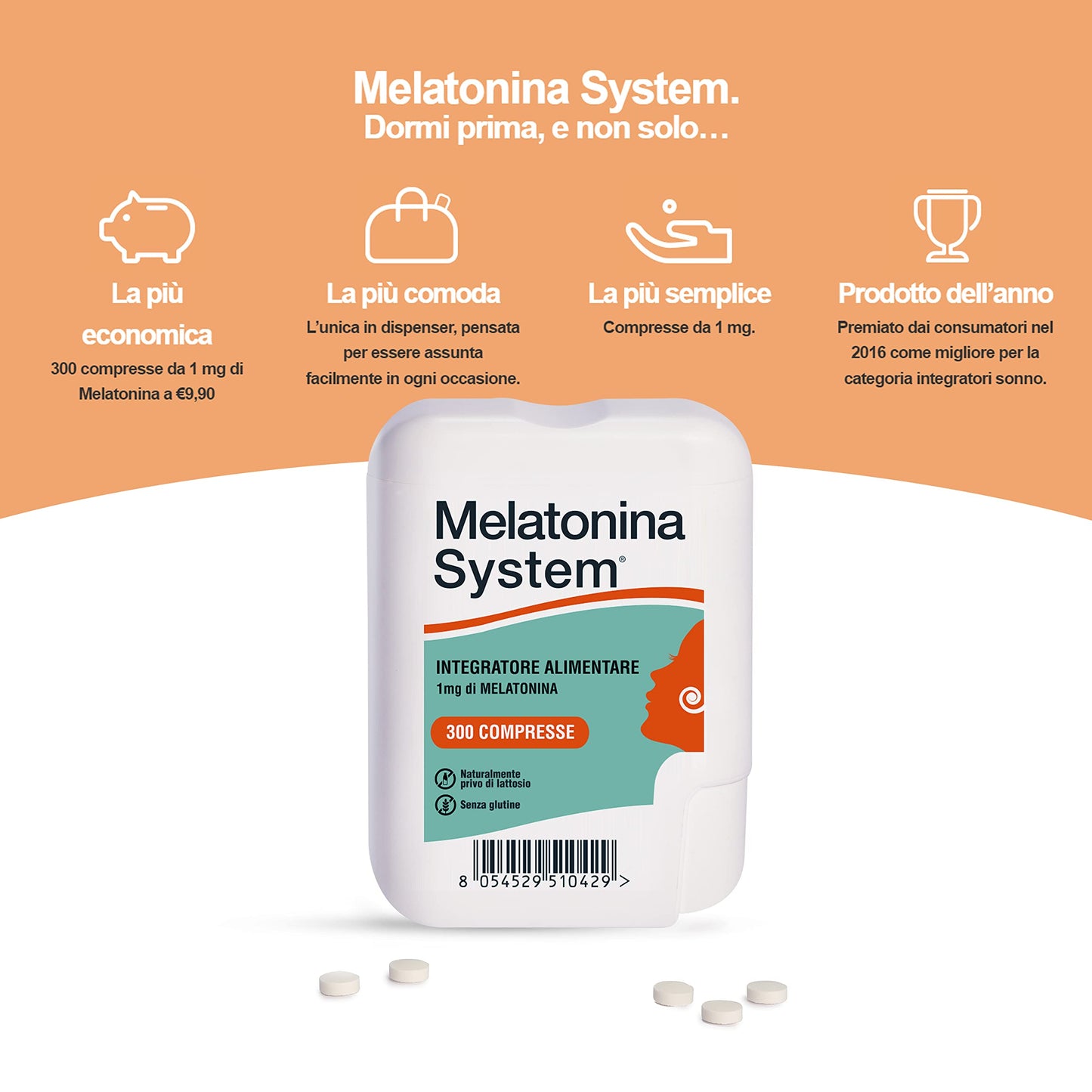 Melatonina System, 300 Compresse Melatonina 1Mg, Integratore Alimentare Utile per Prendere Sonno e Alleviare i Sintomi del Jet Lag, Regola il Ciclo Sonno-Veglia,con Dispenser, 30g