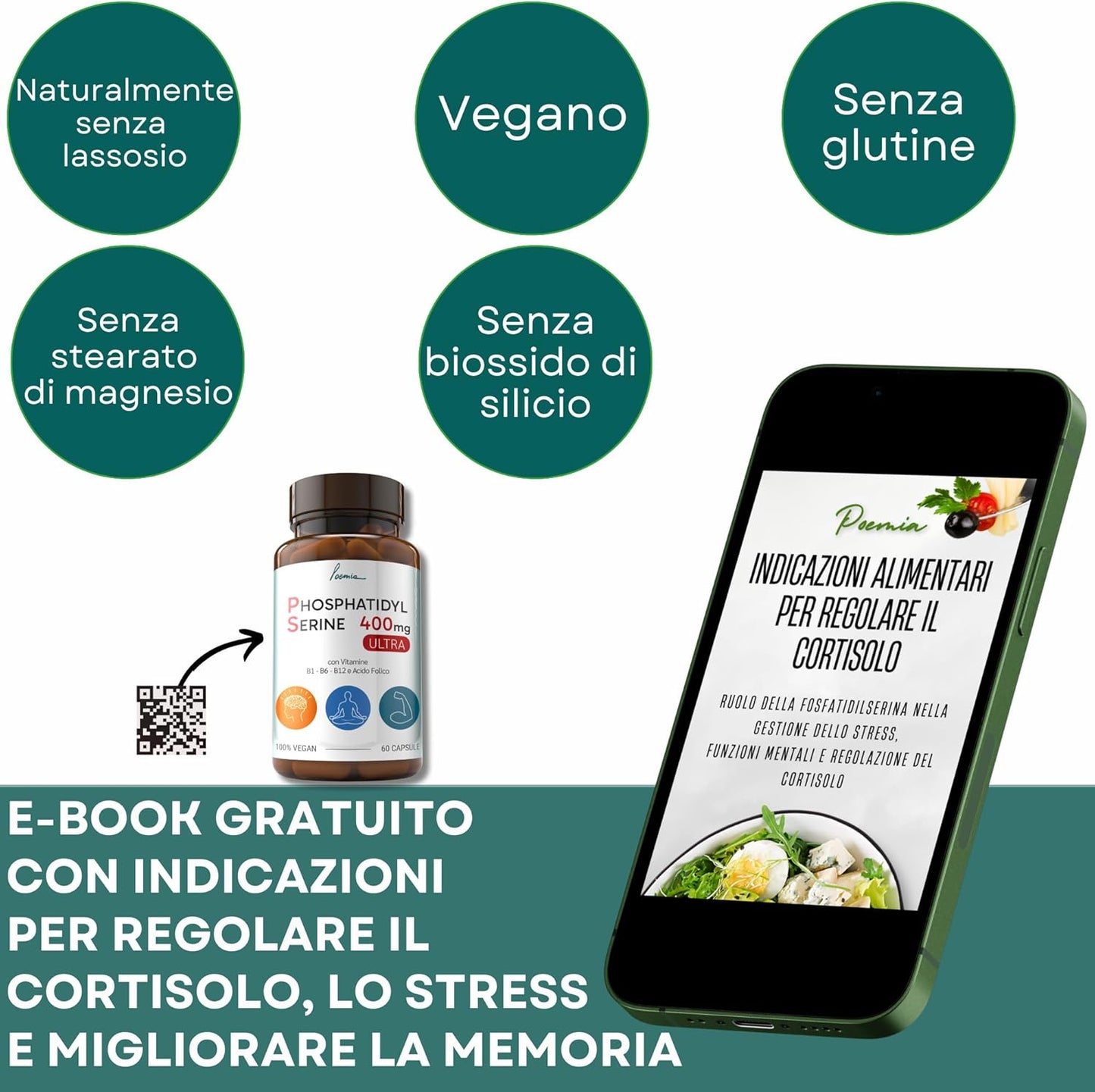 Fosfatidilserina Pura Ps 400mg Contrasta il Cortisolo Migliora Memoria e Concentrazione Riduce lo Stress Integratore con Vitamina B1 (Tiamina) B6 B12 Acido Folico 60 Capsule Poemia