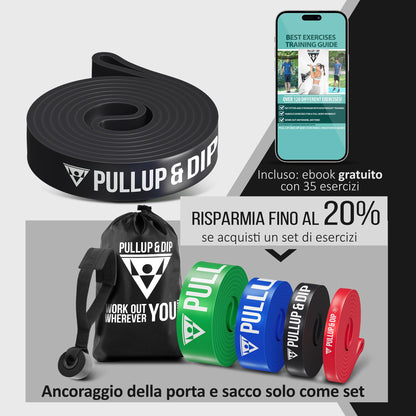 PULLUP & DIP Elastico Fitness per Trazioni, Bande Elastici Fitness con Borsa, Gancio Porta (per Set) e Guida Esercizi, Bande Elastiche di Resistenza, Resistance Bands per Calisthenics, Freeletics