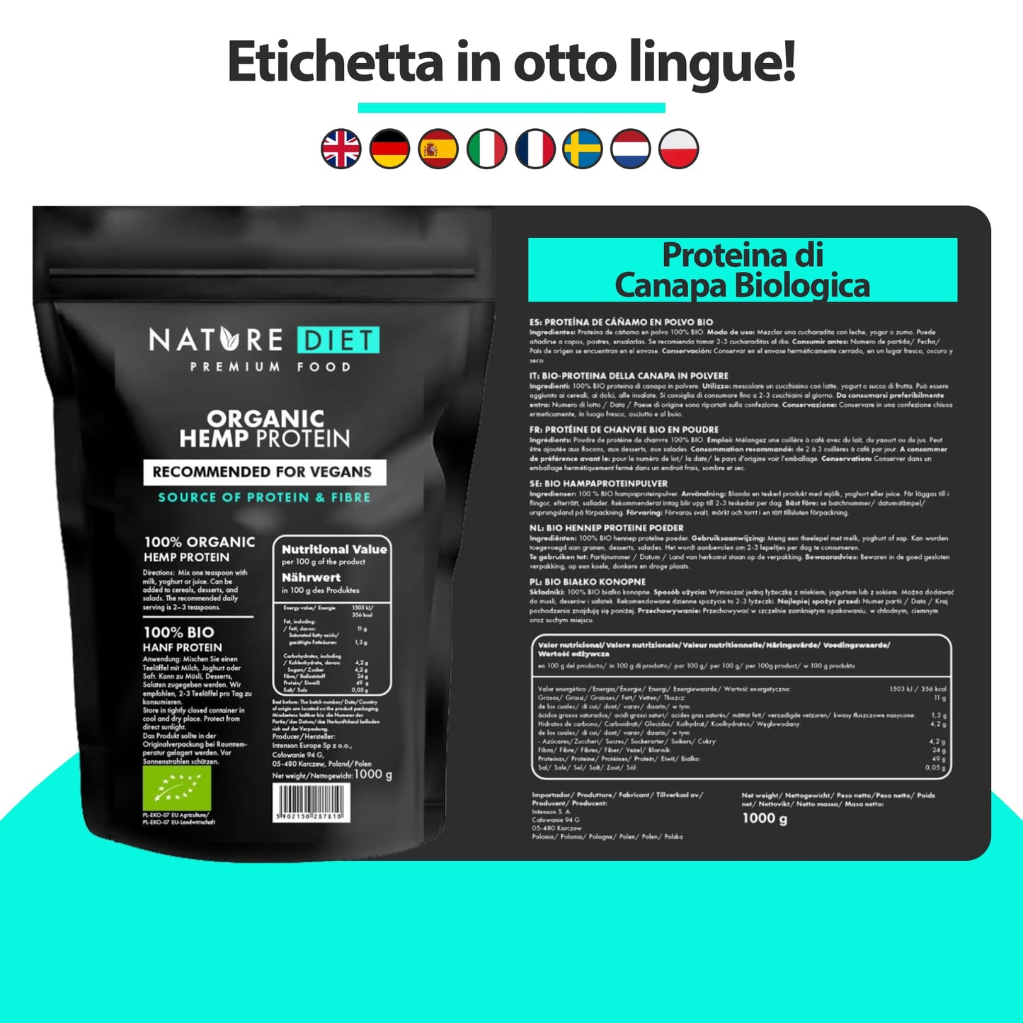 Nature Diet - Proteine di canapa biologiche 1000g | Vegano | Proteine in polvere | A base vegetale