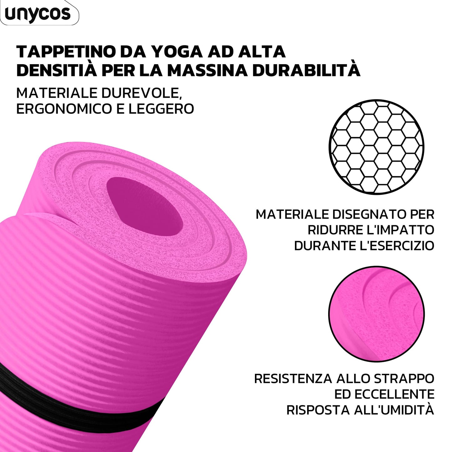 unycos - Tappetino Antiscivolo da Yoga, Pilates e Ginnastica Extra Spesso 10/15 mm, 183x60 cm, Materassino Fitness con Schiuma NBR Confortevole, Tracolla, Borsa ed E-Book di 50 Esercizi