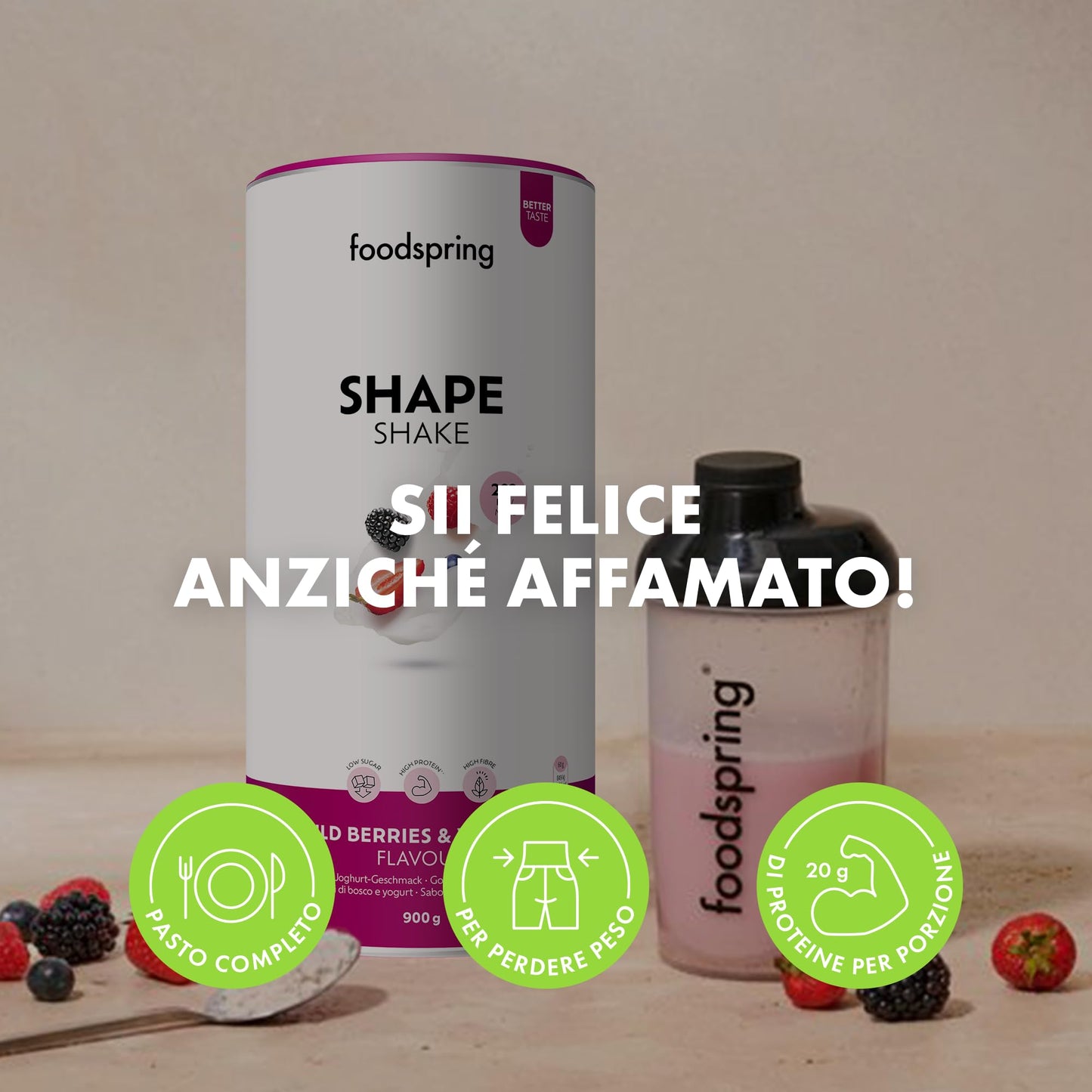 foodspring Shape Shake Bustine Monoporzione, 10 x 60 g, Sostituto pasto per il controllo del peso*, Ricco di proteine, Vitamine e minerali