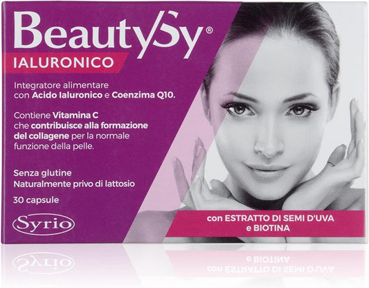 Syrio Integratori Alimentari, Beauty Sy Ialuronico Integratore con Biotina per il Benessere della Pelle e con Coenzima Q10, 120 mg di Acido Ialuronico a Basso Peso Molecolare per capsula, 30 capsule