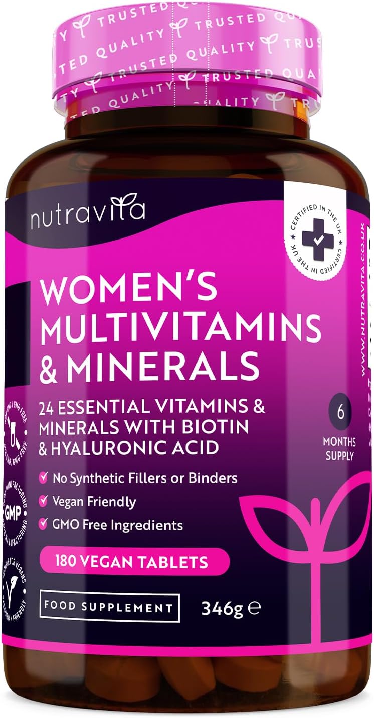 Multivitaminico e Multiminerale Donna - 24 vitamine e minerali attivi essenziali tra cui biotina e acido ialuronico - 180 compresse vegane - Senza riempitivi o leganti sintetici - Nutravita